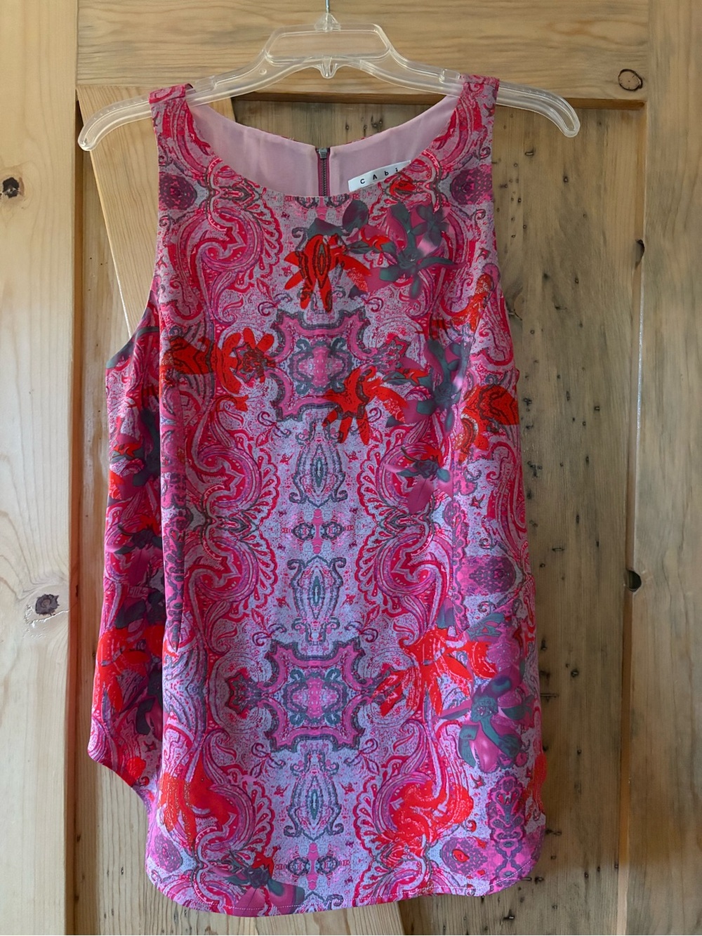 CAbi Pink Paisley Sleeveless Blouse with Red & Gray Floral Accents